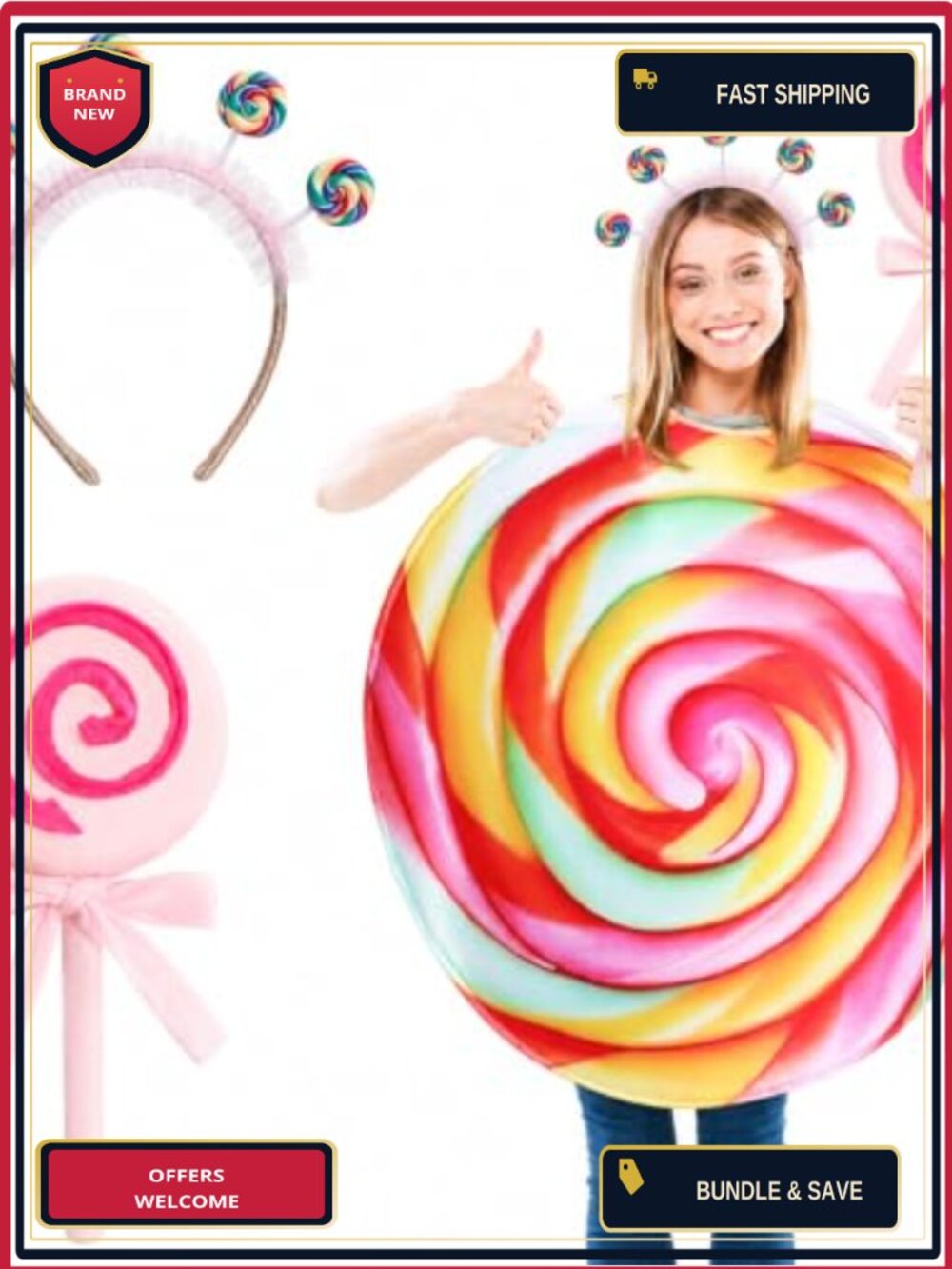 Women's 3 Pc Lollipop Candy Costume Set Tunic Headband Party Cosplay